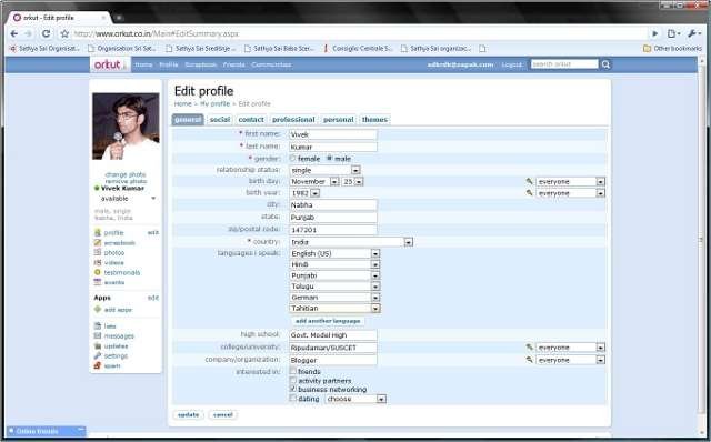 Settings for Language Known in Orkut
